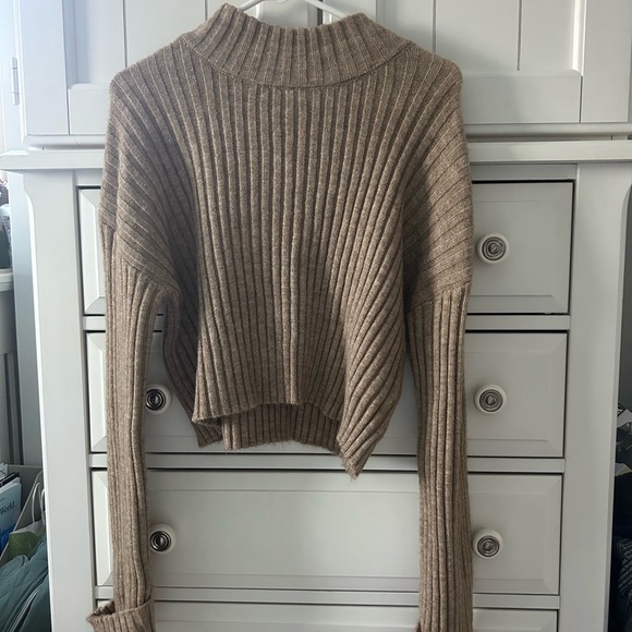 Together Tan Cowl Turtleneck Sweater with Ribbed Knit and Long Sleeves - Picture 1 of 4